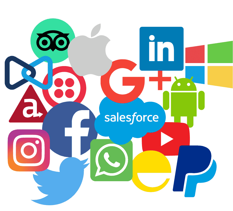 APPCELERATOR, Android, Apple, Facebook, Salesforce, Feefo, Google+, Instagram, Linkedin, Microsoft, Mitel, Paypal, Tripadviser, Twilio, Twitter, WhatsApp, Youtube